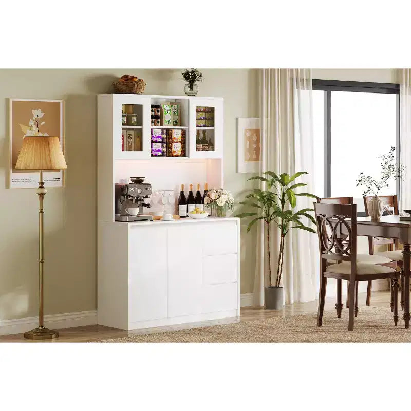 71 Tall Kitchen Pantry Cabinet, Kitchen Storage Hutch with Led Lights and Power Outlets Microwave Stand, Glass Door