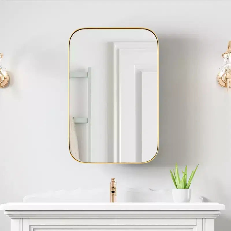 PexFix 24 x 16 Bathroom Cabinet with Mirror Stainless Steel Frame and 2 Adjustable Shelves Wall Medicine Cabinets Mirrors Rectangle Recessed Gold