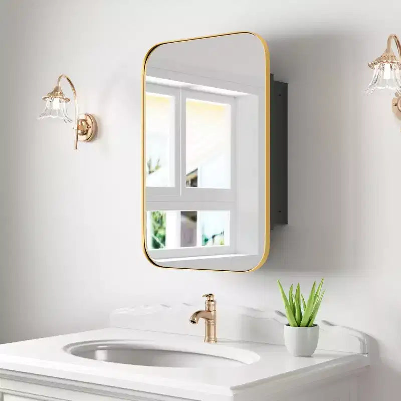 PexFix 24 x 16 Bathroom Cabinet with Mirror Stainless Steel Frame and 2 Adjustable Shelves Wall Medicine Cabinets Mirrors Rectangle Recessed Gold