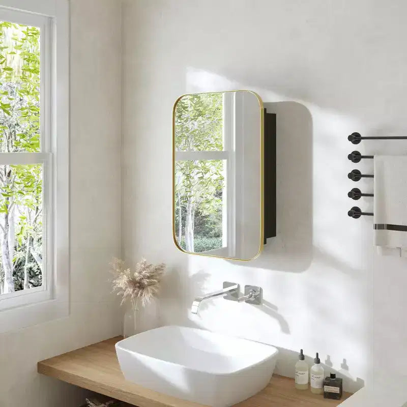 PexFix 24 x 16 Bathroom Cabinet with Mirror Stainless Steel Frame and 2 Adjustable Shelves Wall Medicine Cabinets Mirrors Rectangle Recessed Gold