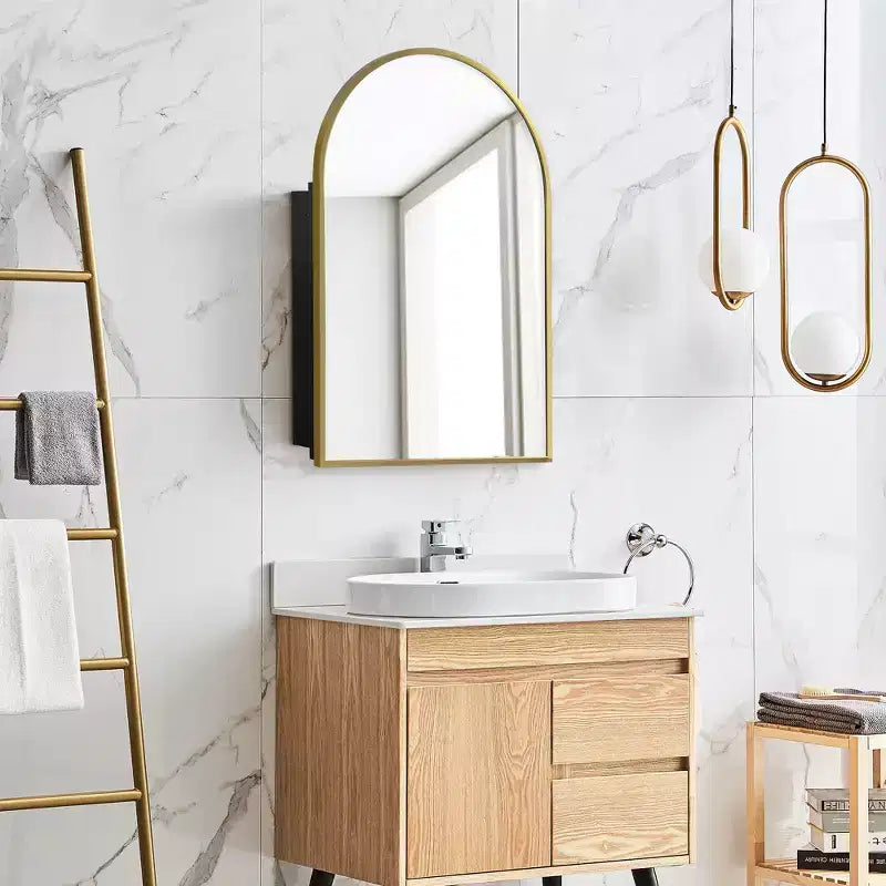 PexFix 36 x 24 Arched Recessed Bathroom Cabinet with Mirror Stainless Steel Frame and 2 Adjustable Shelves Wall Medicine Cabinets Mirrors Gold