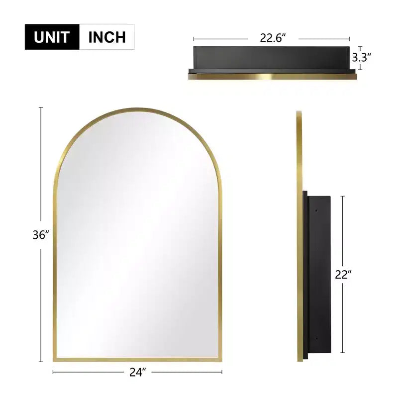 PexFix 36 x 24 Arched Recessed Bathroom Cabinet with Mirror Stainless Steel Frame and 2 Adjustable Shelves Wall Medicine Cabinets Mirrors Gold