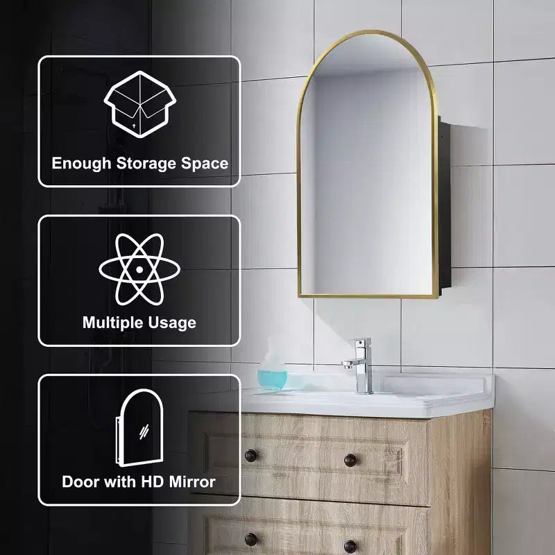 PexFix 36 x 24 Arched Recessed Bathroom Cabinet with Mirror Stainless Steel Frame and 2 Adjustable Shelves Wall Medicine Cabinets Mirrors Gold