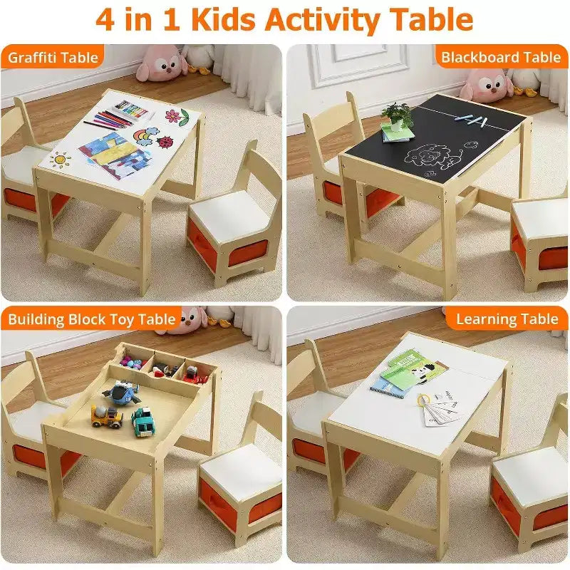 Kids' Table & Chair Sets 4 in 1 Wooden Children Activity Table w/Storage Removable Tabletop with Blackboard for Children Drawing Reading Art Craft
