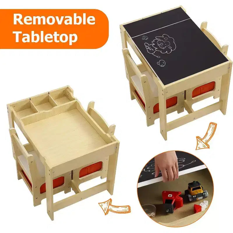 Kids' Table & Chair Sets 4 in 1 Wooden Children Activity Table w/Storage Removable Tabletop with Blackboard for Children Drawing Reading Art Craft