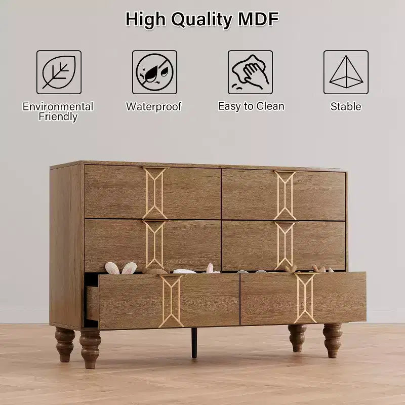 COZONY Modern Wooden 6-Drawer Dresser with Vintage Pattern & Deep Drawers  Chest for Bedroom, Living Room & Entryway Storage