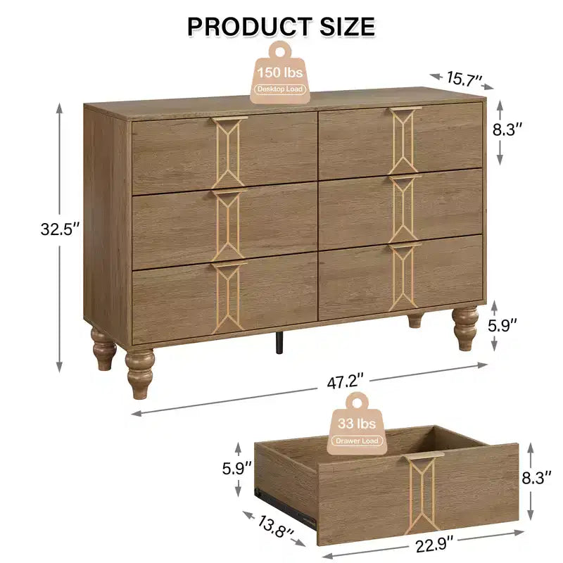 COZONY Modern Wooden 6-Drawer Dresser with Vintage Pattern & Deep Drawers  Chest for Bedroom, Living Room & Entryway Storage