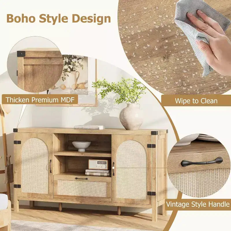 59.1'' Rattan Buffet Cabinet, Kitchen Coffee Bar Cabinet w/Doors and Drawer, Boho Sideboard with Adjustable Shelves & Handle for Living Room