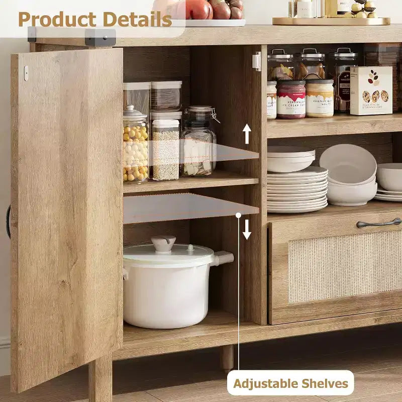 59.1'' Rattan Buffet Cabinet, Kitchen Coffee Bar Cabinet w/Doors and Drawer, Boho Sideboard with Adjustable Shelves & Handle for Living Room