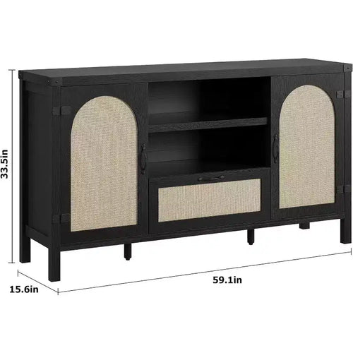 Buffet en rotin de 150 cm, meuble de bar à café de cuisine avec portes et tiroir, buffet bohème avec étagères réglables et poignée pour salon