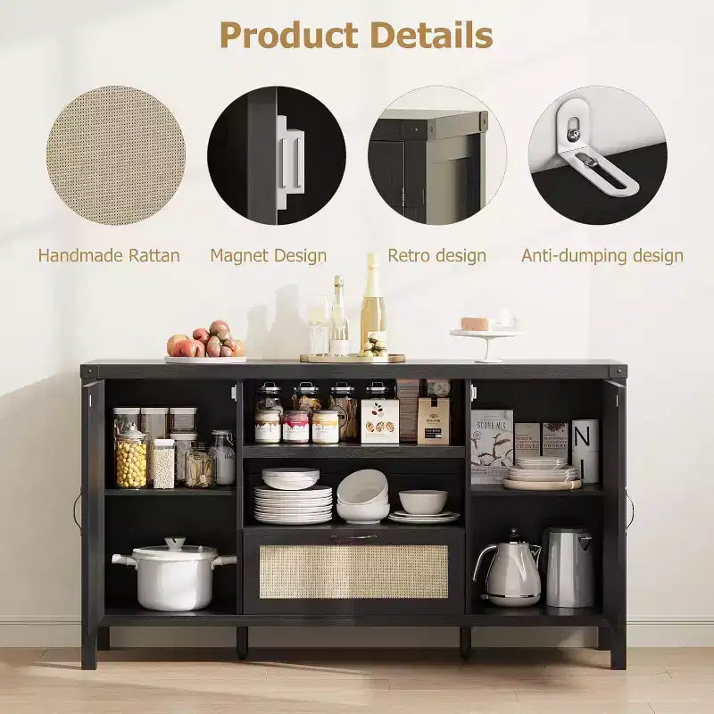 59.1'' Rattan Buffet Cabinet, Kitchen Coffee Bar Cabinet w/Doors and Drawer, Boho Sideboard with Adjustable Shelves & Handle for Living Room