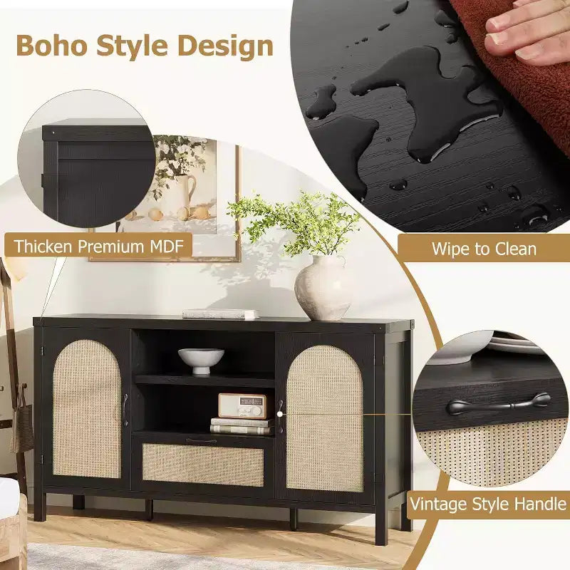 59.1'' Rattan Buffet Cabinet, Kitchen Coffee Bar Cabinet w/Doors and Drawer, Boho Sideboard with Adjustable Shelves & Handle for Living Room