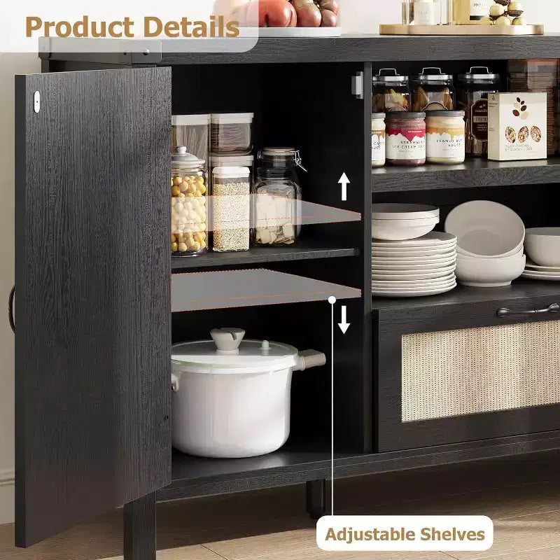 59.1'' Rattan Buffet Cabinet, Kitchen Coffee Bar Cabinet w/Doors and Drawer, Boho Sideboard with Adjustable Shelves & Handle for Living Room