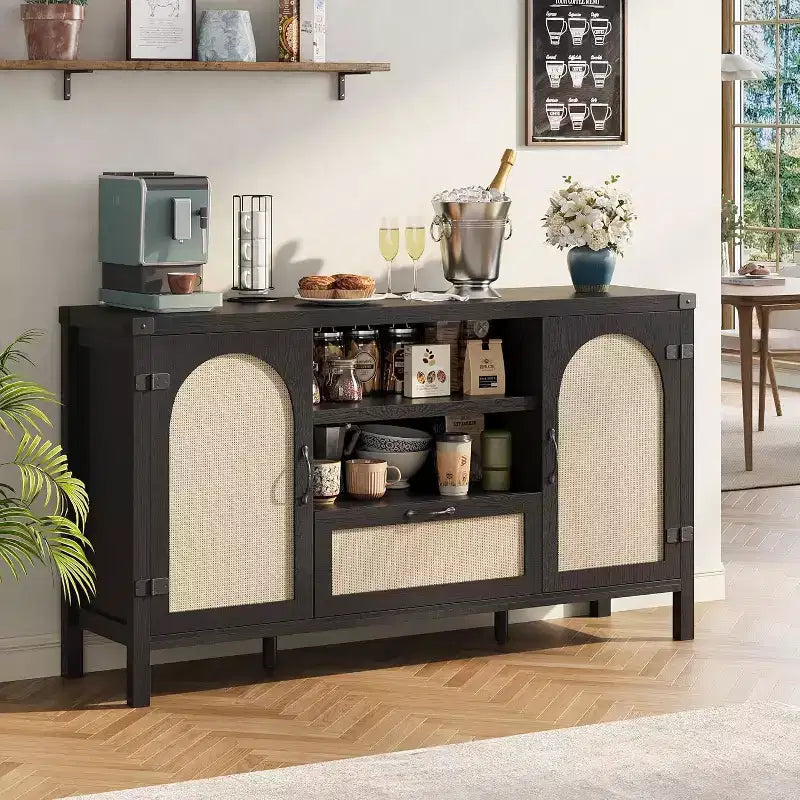 59.1'' Rattan Buffet Cabinet, Kitchen Coffee Bar Cabinet w/Doors and Drawer, Boho Sideboard with Adjustable Shelves & Handle for Living Room