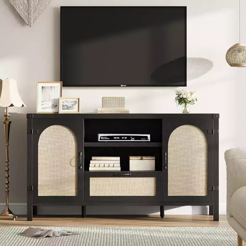 59.1'' Rattan Buffet Cabinet, Kitchen Coffee Bar Cabinet w/Doors and Drawer, Boho Sideboard with Adjustable Shelves & Handle for Living Room