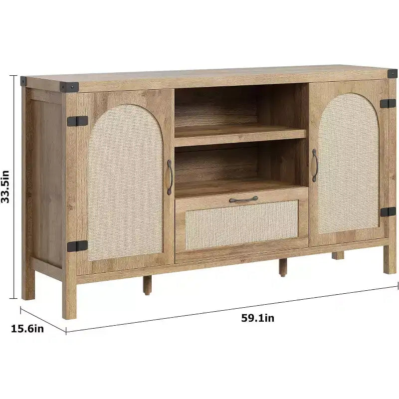 59.1'' Rattan Buffet Cabinet, Kitchen Coffee Bar Cabinet w/Doors and Drawer, Boho Sideboard with Adjustable Shelves & Handle for Living Room