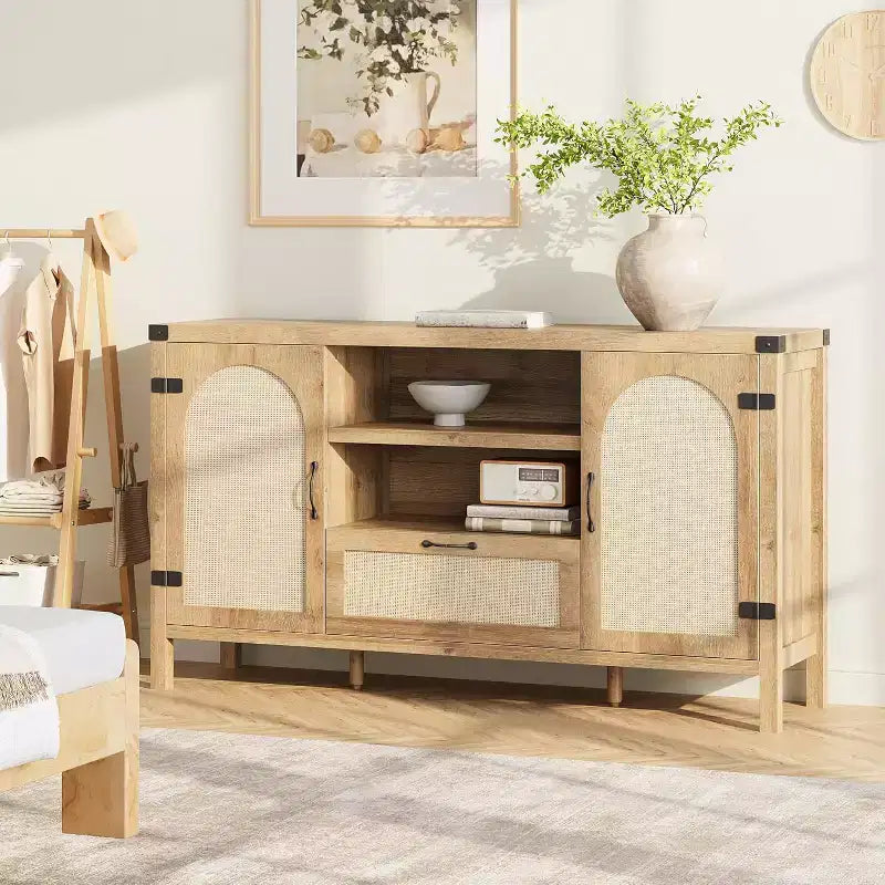 59.1'' Rattan Buffet Cabinet, Kitchen Coffee Bar Cabinet w/Doors and Drawer, Boho Sideboard with Adjustable Shelves & Handle for Living Room
