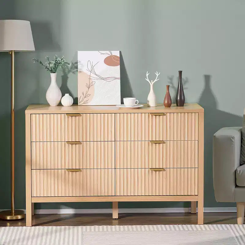 VEVOR 6 Fluted Drawer Dresser, Wooden Chest of Drawers with Sliding & Anti-tip Device, Modern Minimalist Dresser Chest, Beige