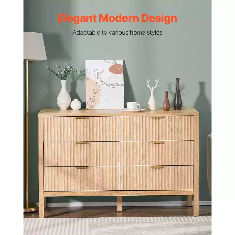 VEVOR 6 Fluted Drawer Dresser, Wooden Chest of Drawers with Sliding & Anti-tip Device, Modern Minimalist Dresser Chest, Beige