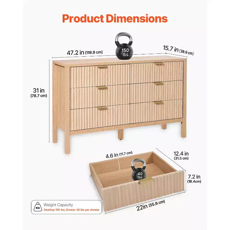 VEVOR 6 Fluted Drawer Dresser, Wooden Chest of Drawers with Sliding & Anti-tip Device, Modern Minimalist Dresser Chest, Beige