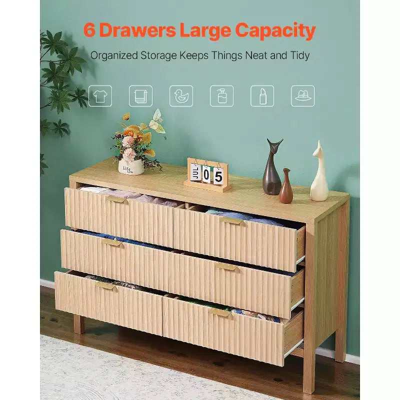 VEVOR 6 Fluted Drawer Dresser, Wooden Chest of Drawers with Sliding & Anti-tip Device, Modern Minimalist Dresser Chest, Beige