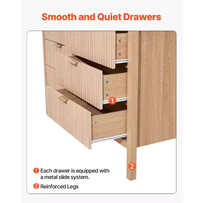 VEVOR 6 Fluted Drawer Dresser, Wooden Chest of Drawers with Sliding & Anti-tip Device, Modern Minimalist Dresser Chest, Beige