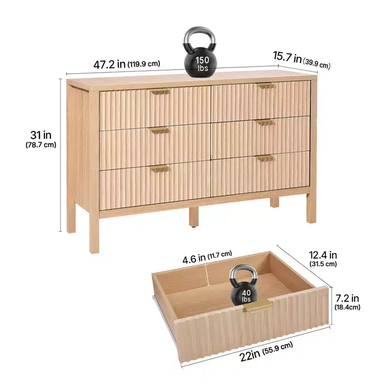 VEVOR 6 Fluted Drawer Dresser, Wooden Chest of Drawers with Sliding & Anti-tip Device, Modern Minimalist Dresser Chest, Beige