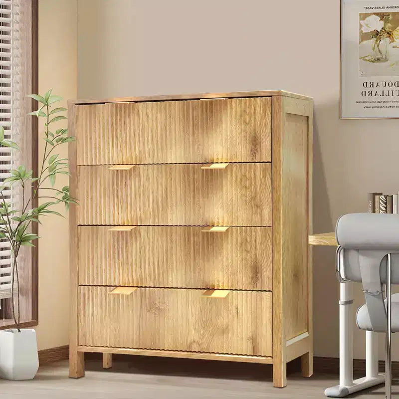 4 Drawer Dressers for Bedroom, Fluted Tall Dresser, Bedroom Chest of Drawers, Mid Century Modern Dresser for Bedroom Living Room Hallway Closet, Oak
