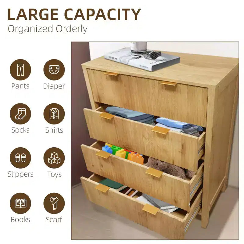 4 Drawer Dressers for Bedroom, Fluted Tall Dresser, Bedroom Chest of Drawers, Mid Century Modern Dresser for Bedroom Living Room Hallway Closet, Oak