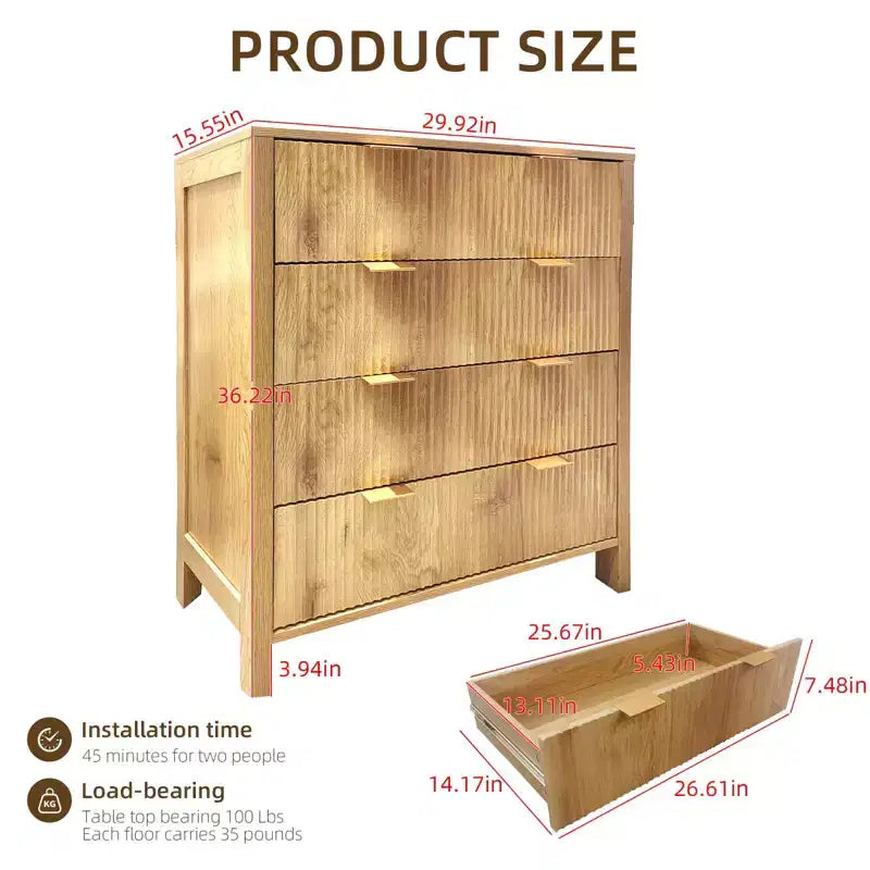 4 Drawer Dressers for Bedroom, Fluted Tall Dresser, Bedroom Chest of Drawers, Mid Century Modern Dresser for Bedroom Living Room Hallway Closet, Oak