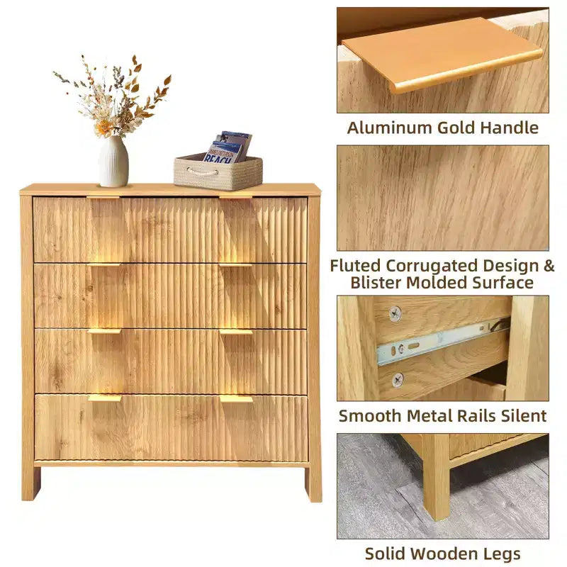 4 Drawer Dressers for Bedroom, Fluted Tall Dresser, Bedroom Chest of Drawers, Mid Century Modern Dresser for Bedroom Living Room Hallway Closet, Oak