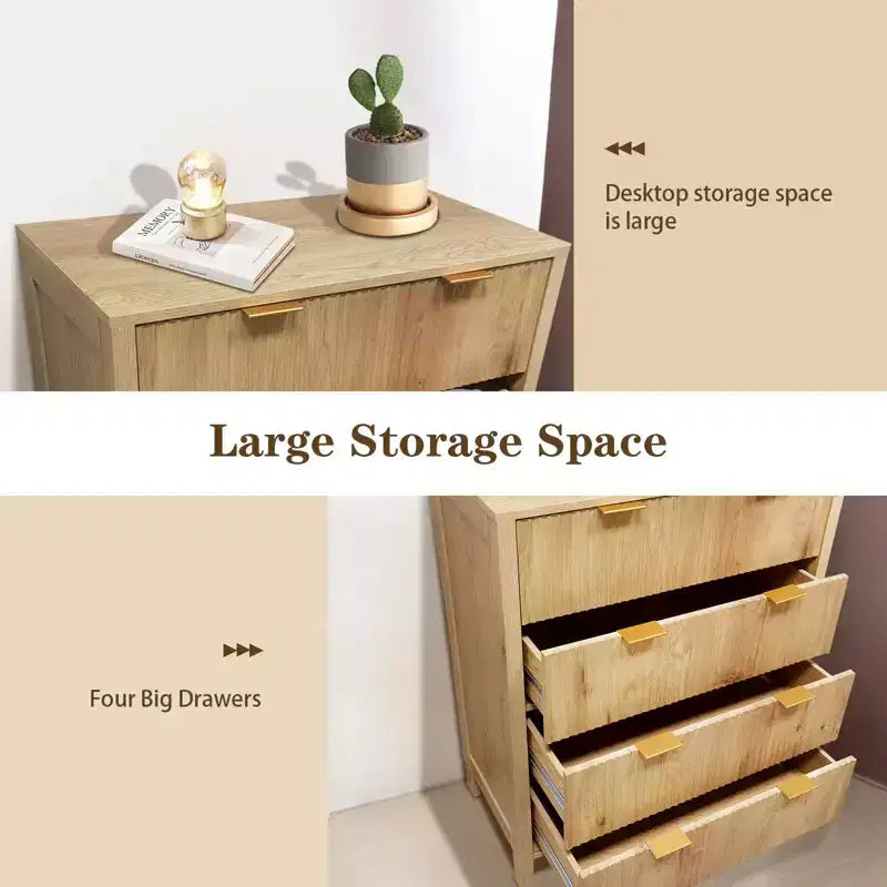 4 Drawer Dressers for Bedroom, Fluted Tall Dresser, Bedroom Chest of Drawers, Mid Century Modern Dresser for Bedroom Living Room Hallway Closet, Oak