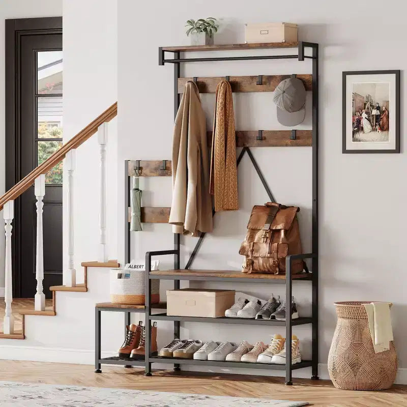GustoWave Hall Tree with Bench and Shoe Storage Parent-Child Coat Rack Shoe Bench Coat Tree Entryway Organizer with Shoe Rack, Storage Cubbies, Hooks