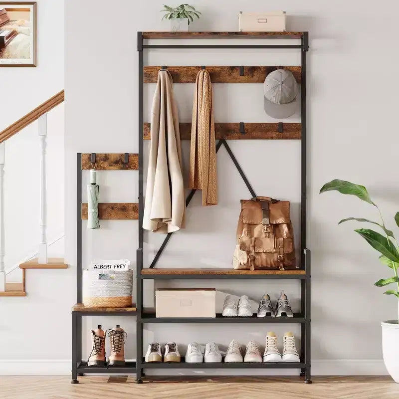 GustoWave Hall Tree with Bench and Shoe Storage Parent-Child Coat Rack Shoe Bench Coat Tree Entryway Organizer with Shoe Rack, Storage Cubbies, Hooks