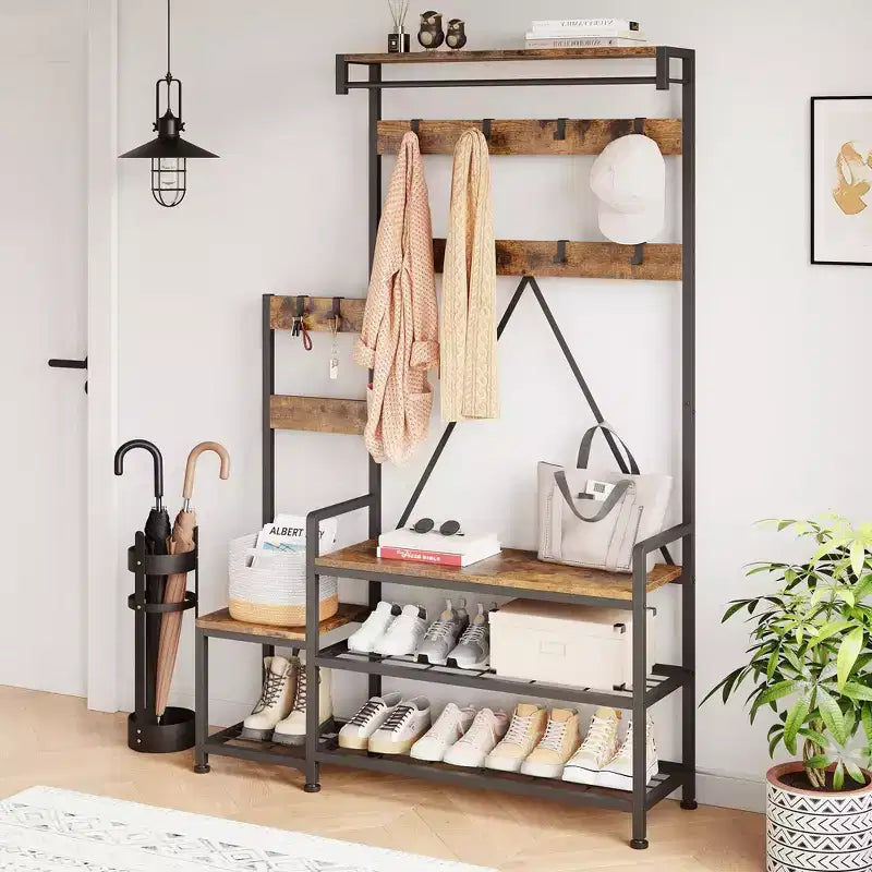 GustoWave Hall Tree with Bench and Shoe Storage Parent-Child Coat Rack Shoe Bench Coat Tree Entryway Organizer with Shoe Rack, Storage Cubbies, Hooks