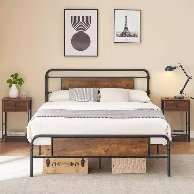 Queen Size Platform Bed Frame with Rustic Vintage Wood Headboard, Mattress Foundation, Strong Metal Slats Support, No Box Spring Needed