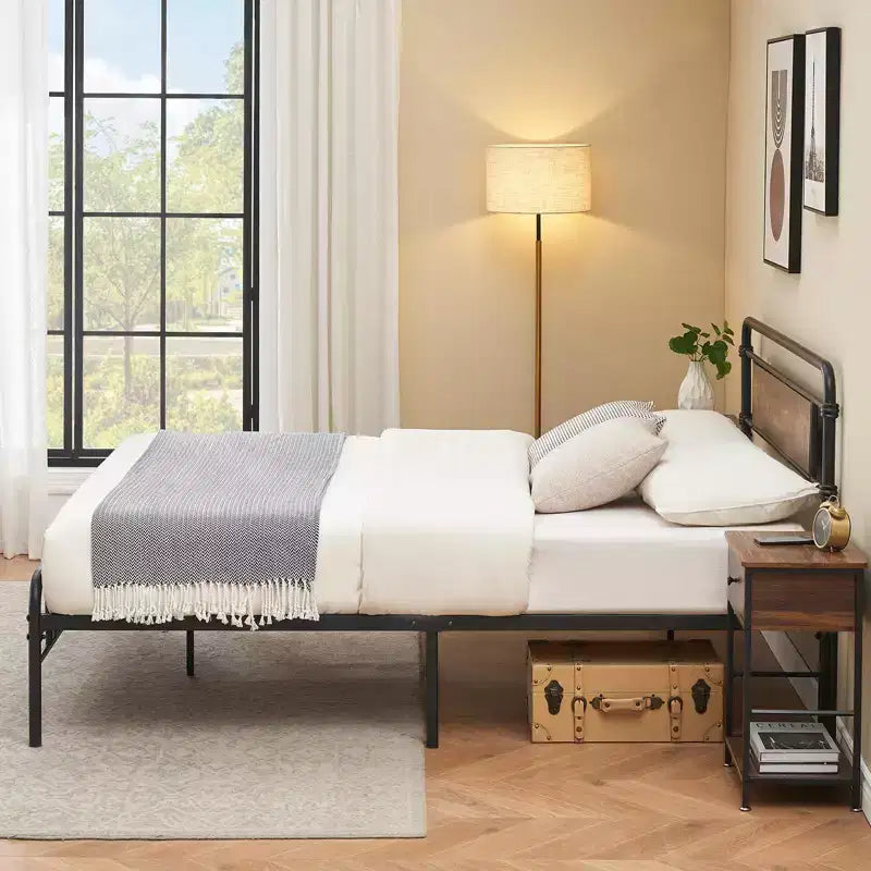 Queen Size Platform Bed Frame with Rustic Vintage Wood Headboard, Mattress Foundation, Strong Metal Slats Support, No Box Spring Needed