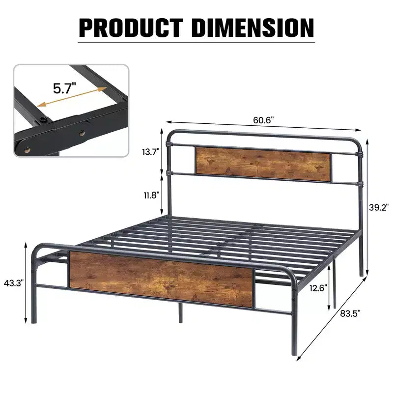 Queen Size Platform Bed Frame with Rustic Vintage Wood Headboard, Mattress Foundation, Strong Metal Slats Support, No Box Spring Needed