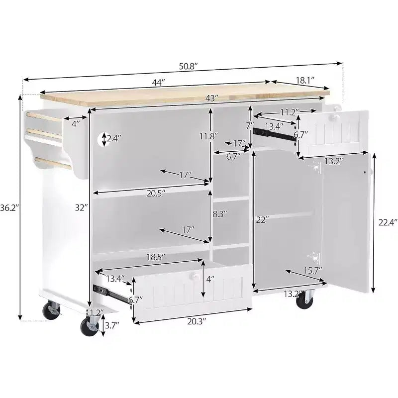 Acekool 50.8 Kitchen Island Cart with Locking Wheels, Storage Drawer & Spice Rack - Mobile Workstation with Towel Bar