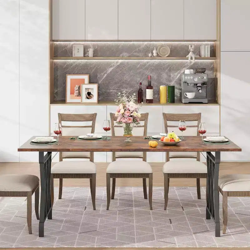 Acekool 70.9 Long Dining Table, Rectangular Dark Brown Top, Black X-Frame, Seats 48, Rustic Modern Style, Steel Legs