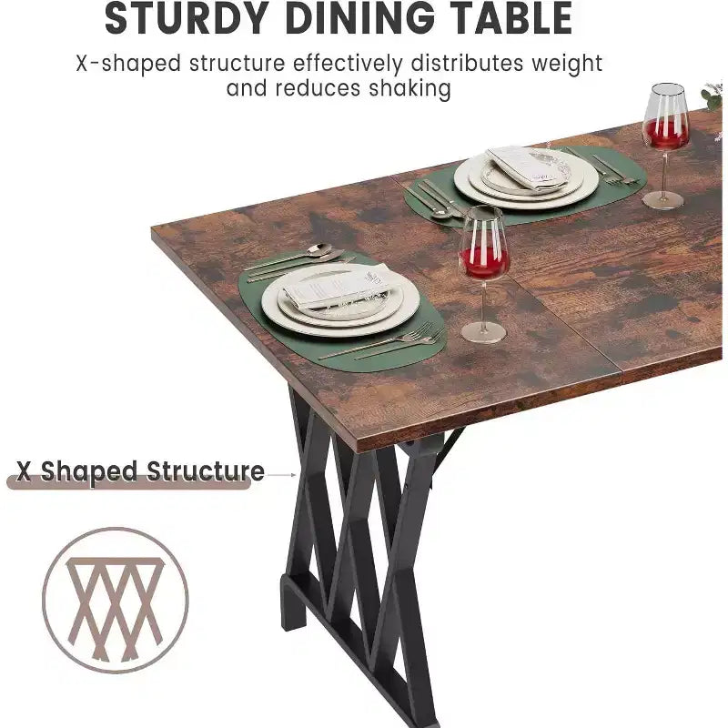 Acekool 70.9 Long Dining Table, Rectangular Dark Brown Top, Black X-Frame, Seats 48, Rustic Modern Style, Steel Legs