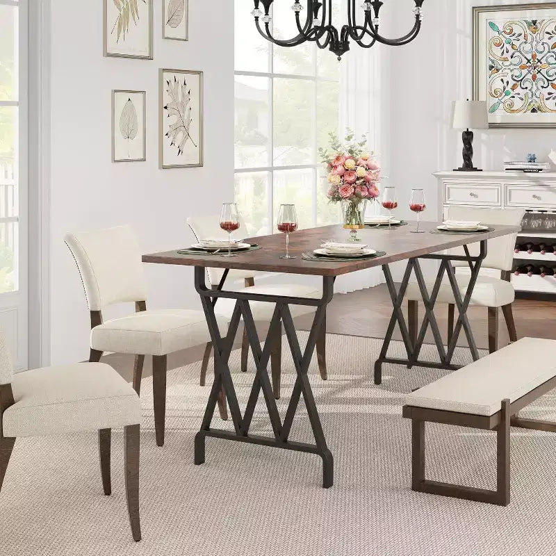 Acekool 70.9 Long Dining Table, Rectangular Dark Brown Top, Black X-Frame, Seats 48, Rustic Modern Style, Steel Legs
