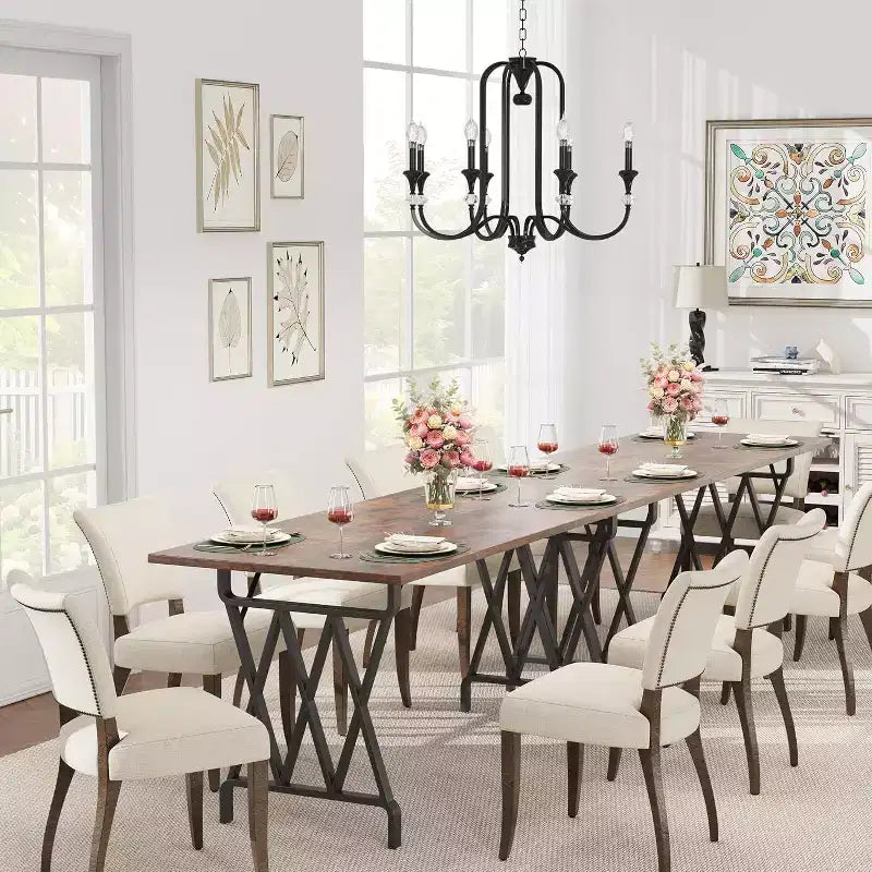 Acekool 70.9 Long Dining Table, Rectangular Dark Brown Top, Black X-Frame, Seats 48, Rustic Modern Style, Steel Legs