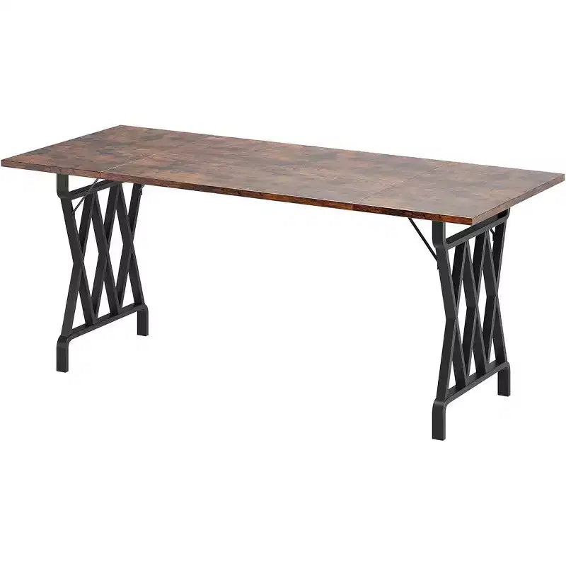 Acekool 70.9 Long Dining Table, Rectangular Dark Brown Top, Black X-Frame, Seats 48, Rustic Modern Style, Steel Legs