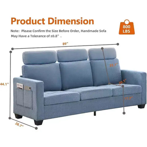 Canapé 3 places en chenille , canapé rembourré de 226 cm avec appuie-tête, accoudoirs larges et poches de rangement latérales, bleu, canapé de salon moderne