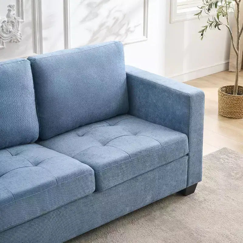 Acekool 3-Seat Chenille Sofa Couch, 89 Inch Upholstered Sofa with Headrest, Wide Armrests & Side Storage Pockets, Blue, Modern Living Room Sofa