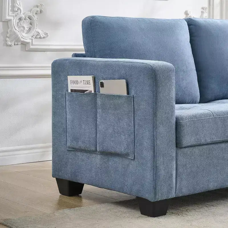 Acekool 3-Seat Chenille Sofa Couch, 89 Inch Upholstered Sofa with Headrest, Wide Armrests & Side Storage Pockets, Blue, Modern Living Room Sofa