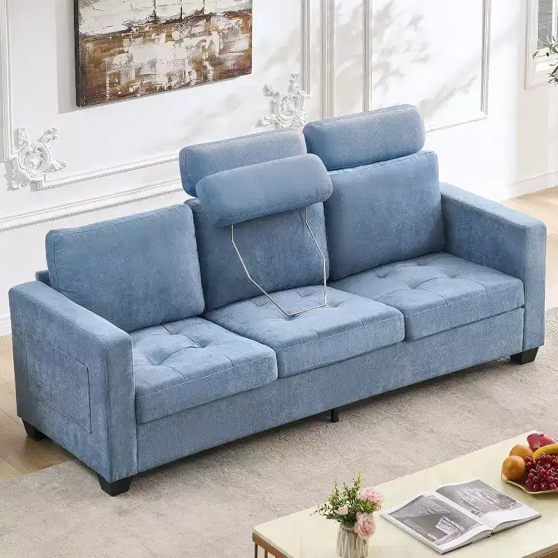 Acekool 3-Seat Chenille Sofa Couch, 89 Inch Upholstered Sofa with Headrest, Wide Armrests & Side Storage Pockets, Blue, Modern Living Room Sofa