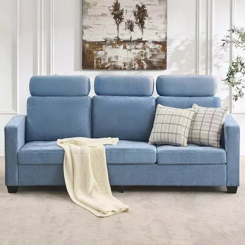 Acekool 3-Seat Chenille Sofa Couch, 89 Inch Upholstered Sofa with Headrest, Wide Armrests & Side Storage Pockets, Blue, Modern Living Room Sofa