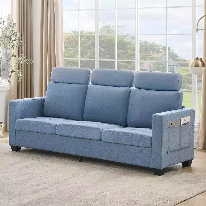 Acekool 3-Seat Chenille Sofa Couch, 89 Inch Upholstered Sofa with Headrest, Wide Armrests & Side Storage Pockets, Blue, Modern Living Room Sofa